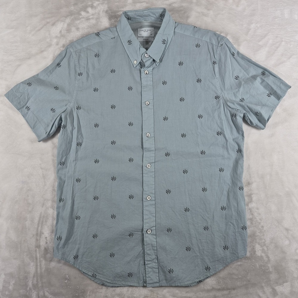 Rag & Bone Button Down Shirt Men's Medium Blue Fit 2 Short Sleeve Linen Blend